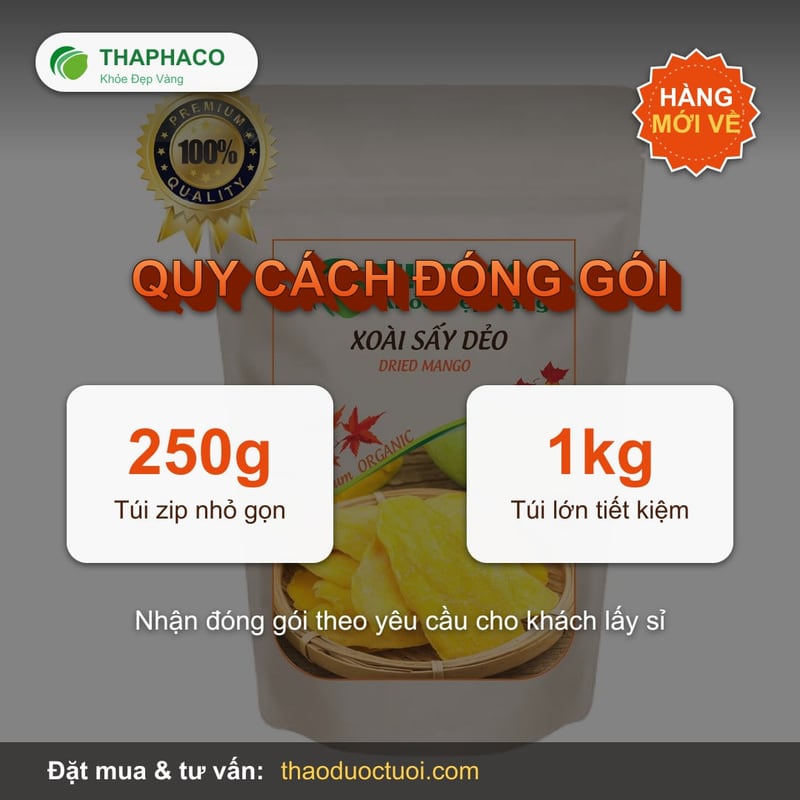 Quy cách đóng gói xoài sấy dẻo túi 250g và 1kg